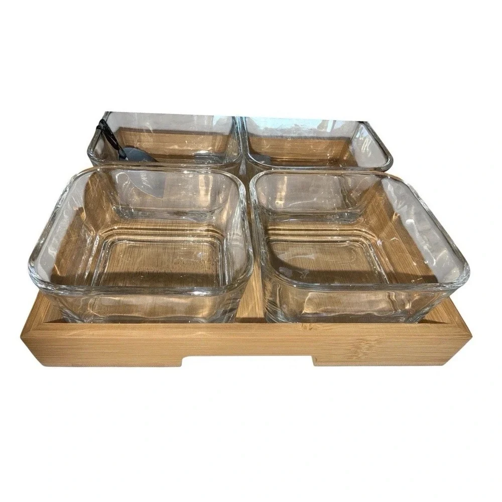 Bamboo Tray with Four Glass‎ Dishes Square
